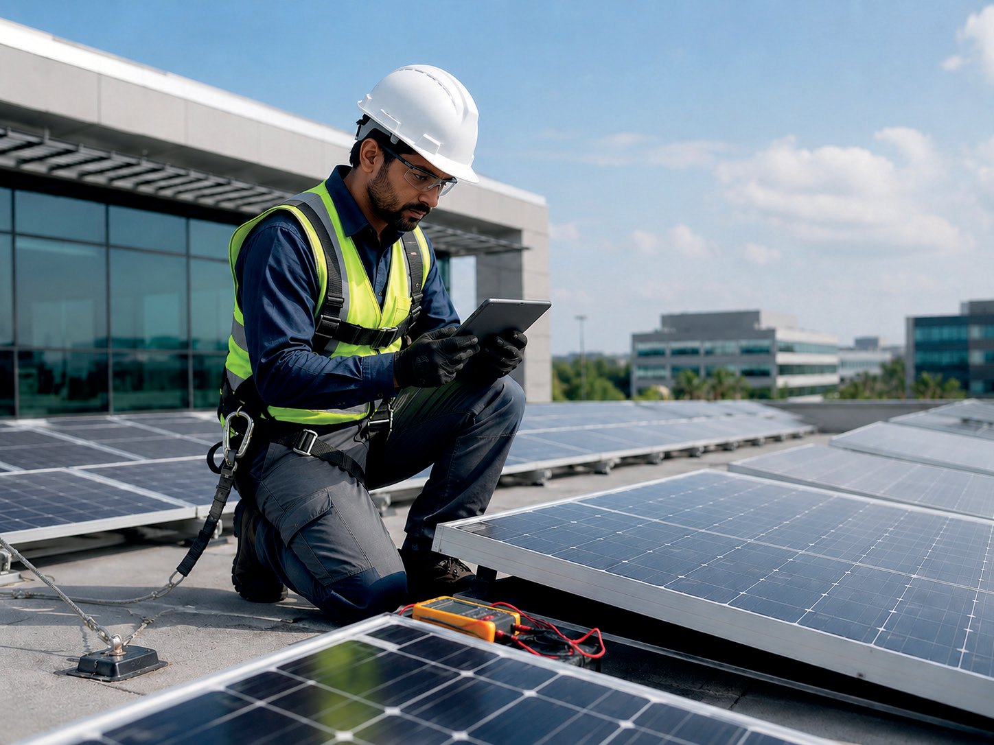 Technician inspecting a rooftop solar plant
